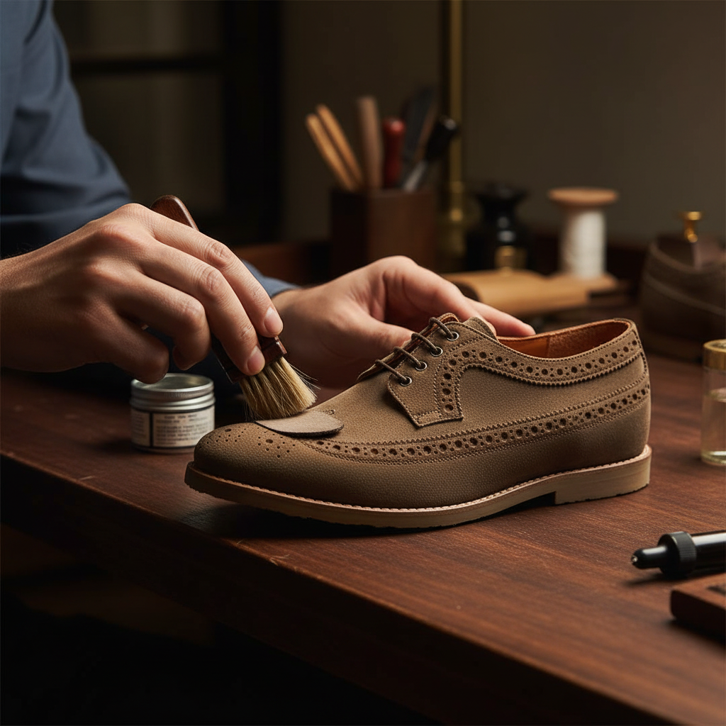 Skilled artisan applying premium finishing treatment to luxury suede brogue derby shoes
