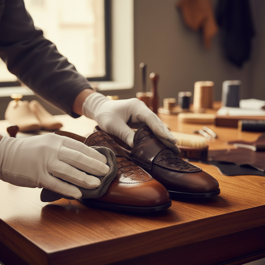 Skilled artisan applying premium polish to luxury dual tone braided leather loafers