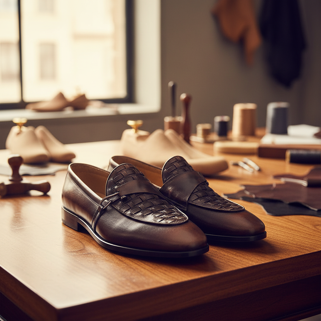 Hand finished dual tone patina leather loafers with braided detailing