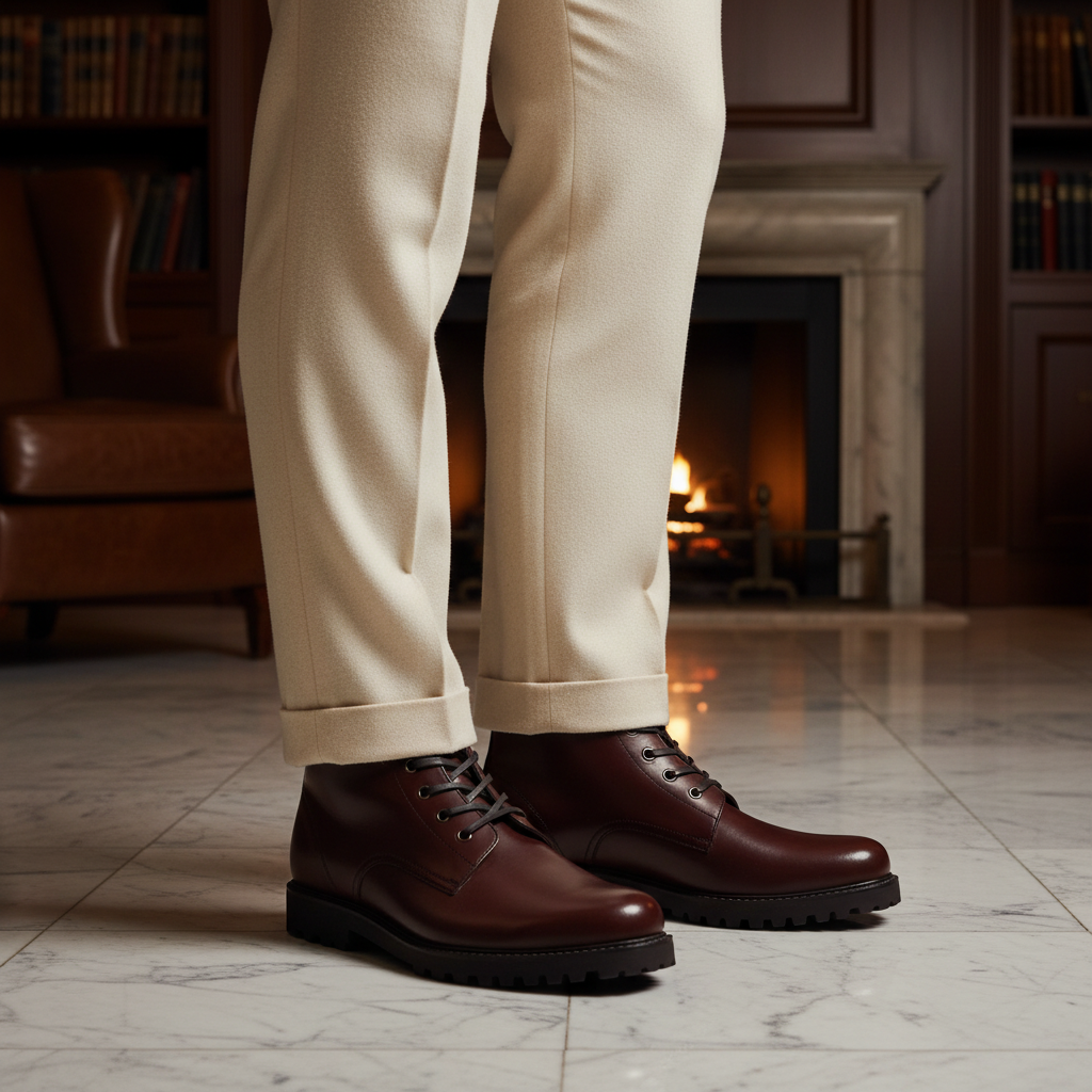 Luxury handmade rugged elegance leather boots styled with tailored trousers in an elite old money setting