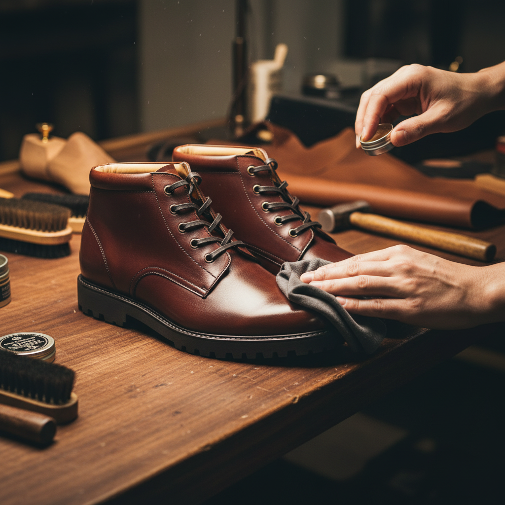Skilled artisan applying premium wax and hand polishing luxury rugged elegance leather boots