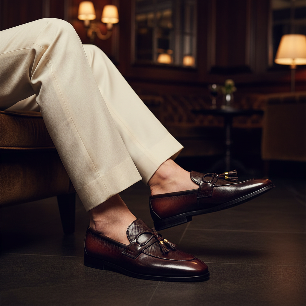 Luxury handmade dual finish tassel loafers styled with tailored trousers in an old money setting