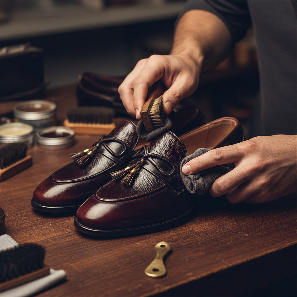 Skilled artisan applying premium wax and hand polishing to luxury dual finish tassel loafers