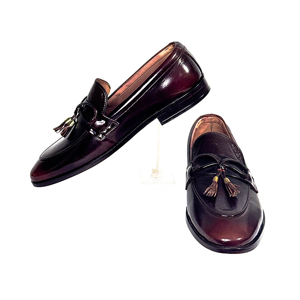 side view of giuliano dual finish tassel loafers showcasing their stylish design and luxurious finish