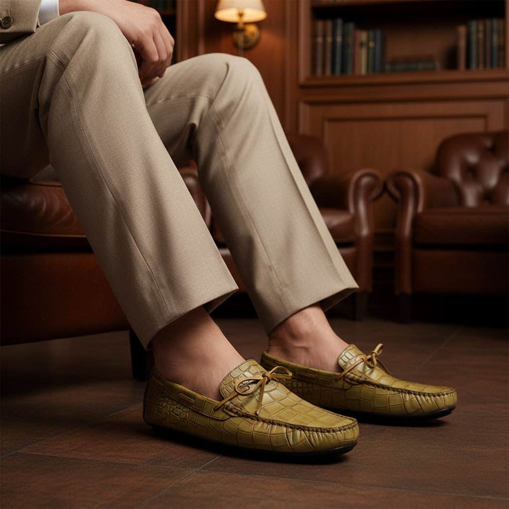 Luxury handmade croc embossed leather moccasins styled with tailored trousers in an old money setting