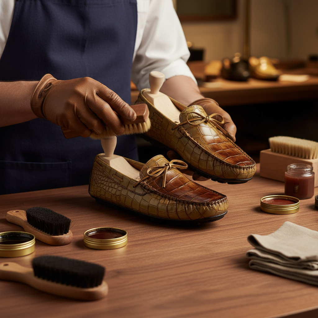 Skilled artisan applying premium wax and hand polishing to luxury croc embossed leather moccasins