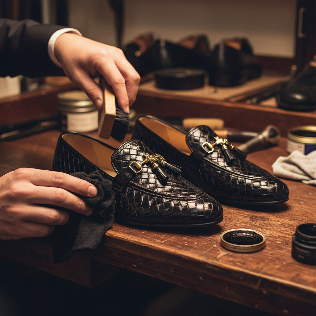 Skilled artisan applying premium wax and hand polishing to luxury woven bit loafers with gold tassel