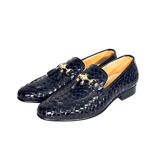 Gustavo handmade woven loafers in black leather with metal tassel – elegant men’s formal shoes