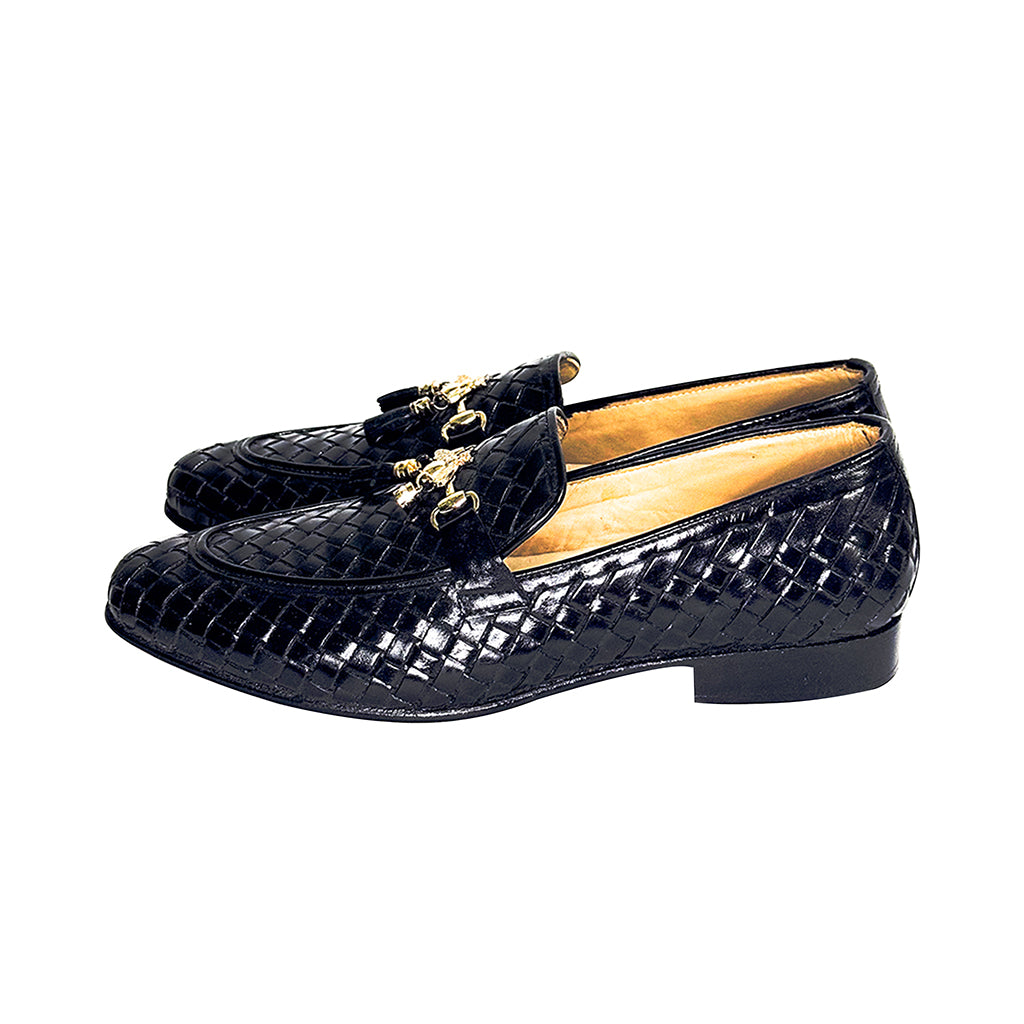 Side view of Gustavo luxury black loafers with gold chain tassel – Marvel Leather