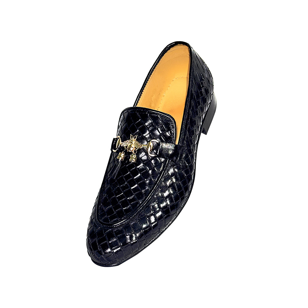 Gustavo black woven leather loafers – top view with gold bit and tassel