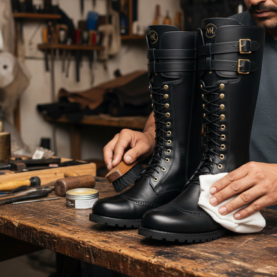Artisan hand polishing The Harrington Cavalier Boot with premium wax during the final finishing process at Marvel Leather.