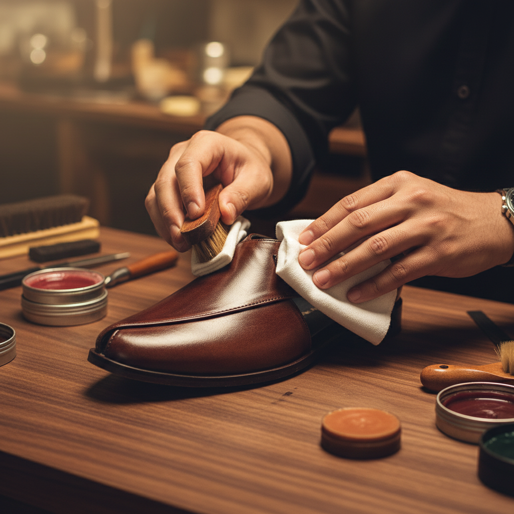 Skilled artisan applying premium wax and hand polishing to luxury traditional brown leather Peshawari chappal