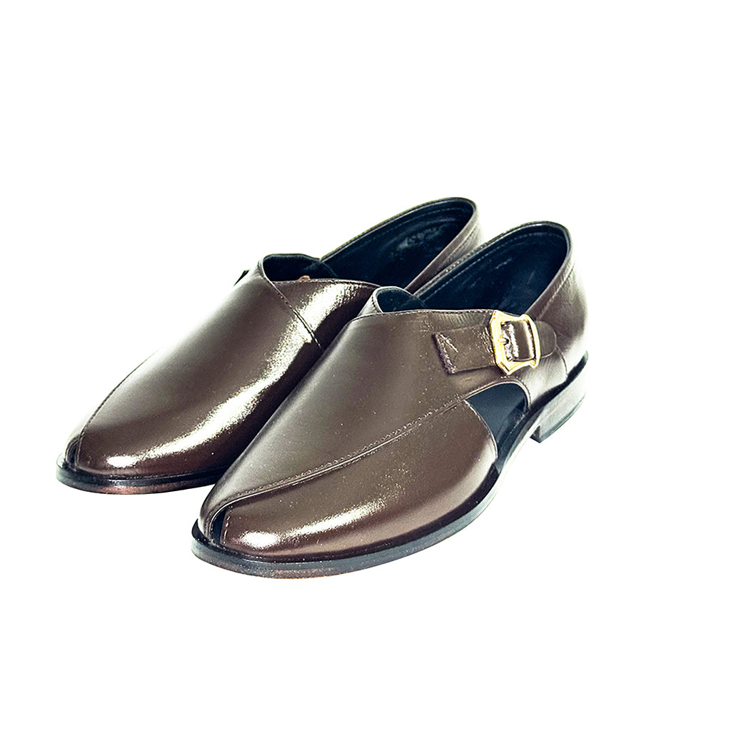 Heera brown leather Peshawari chappal with split toe and gold buckle – premium ethnic design