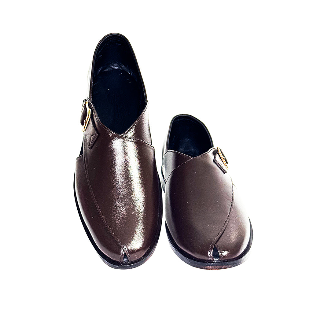 Heera traditional Peshawari brown leather sandal – top view with brass buckle