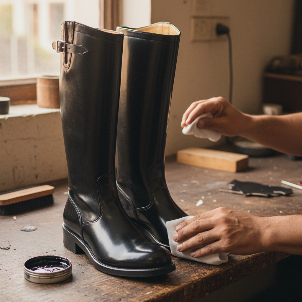 Artisan hand polishing The Imperial Riding Long Boot with premium wax during the final finishing process at Marvel Leather.