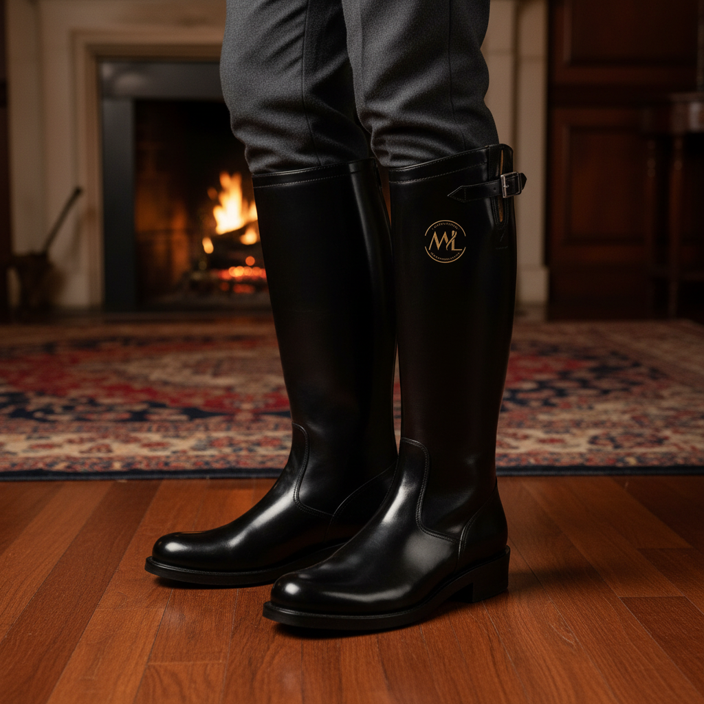 Luxury handmade black patent leather riding long boots styled with tailored trousers in an elite old money setting
