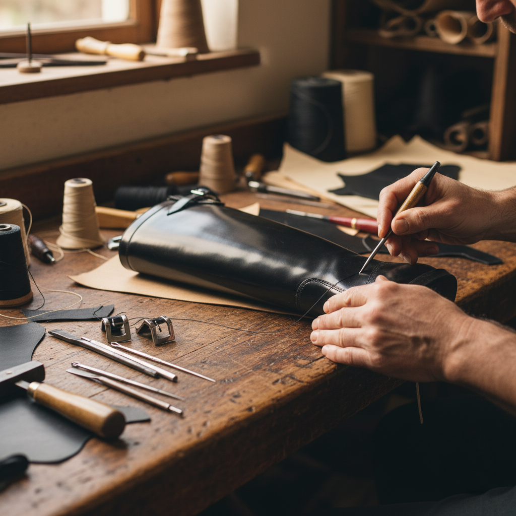 Skilled artisan stitching the upper of The Imperial Riding Long Boot using traditional handcrafted shoemaking techniques at Marvel Leather.