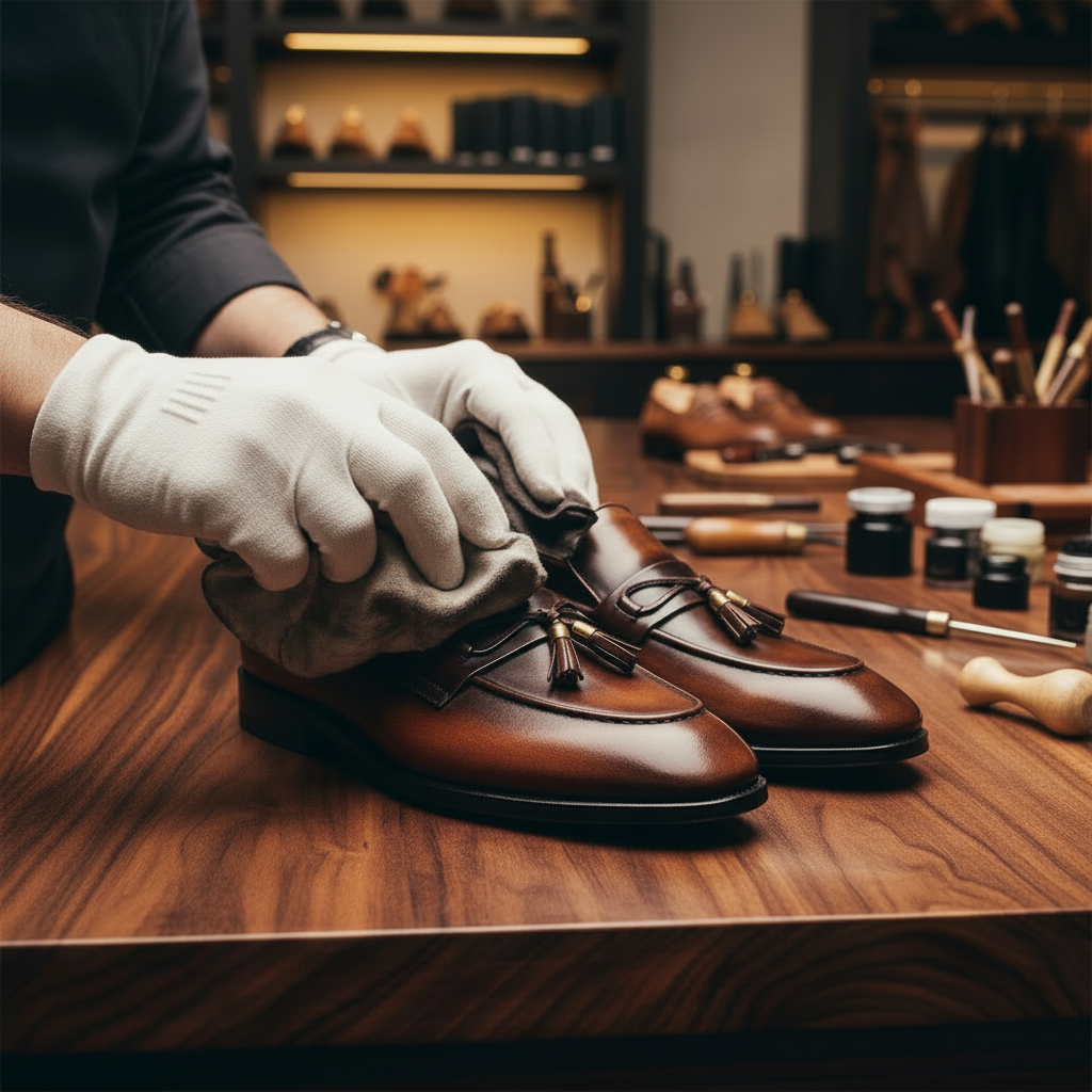 Skilled artisan applying premium polish and hand-finished patina to luxury tassel leather loafers