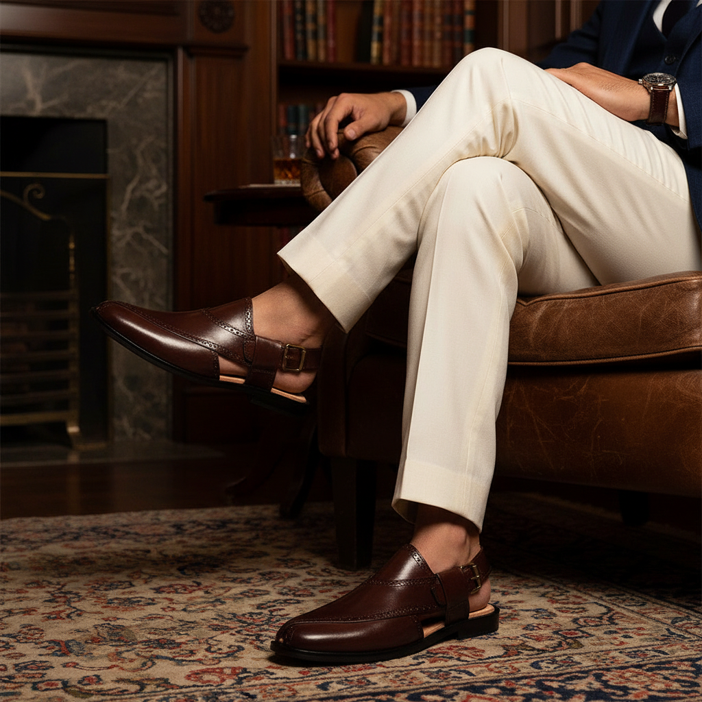Luxury handmade brown Peshawari chappal styled with tailored trousers in an old money setting