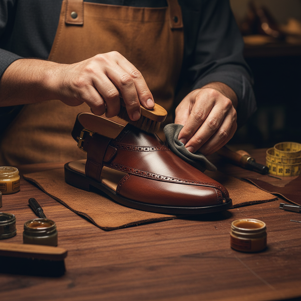 Skilled artisan applying premium wax and hand polishing to luxury brogue pattern brown Peshawari chappal