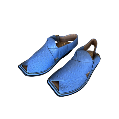 Kaptaan blue Peshawari chappal for men croc texture leather angled pair view
