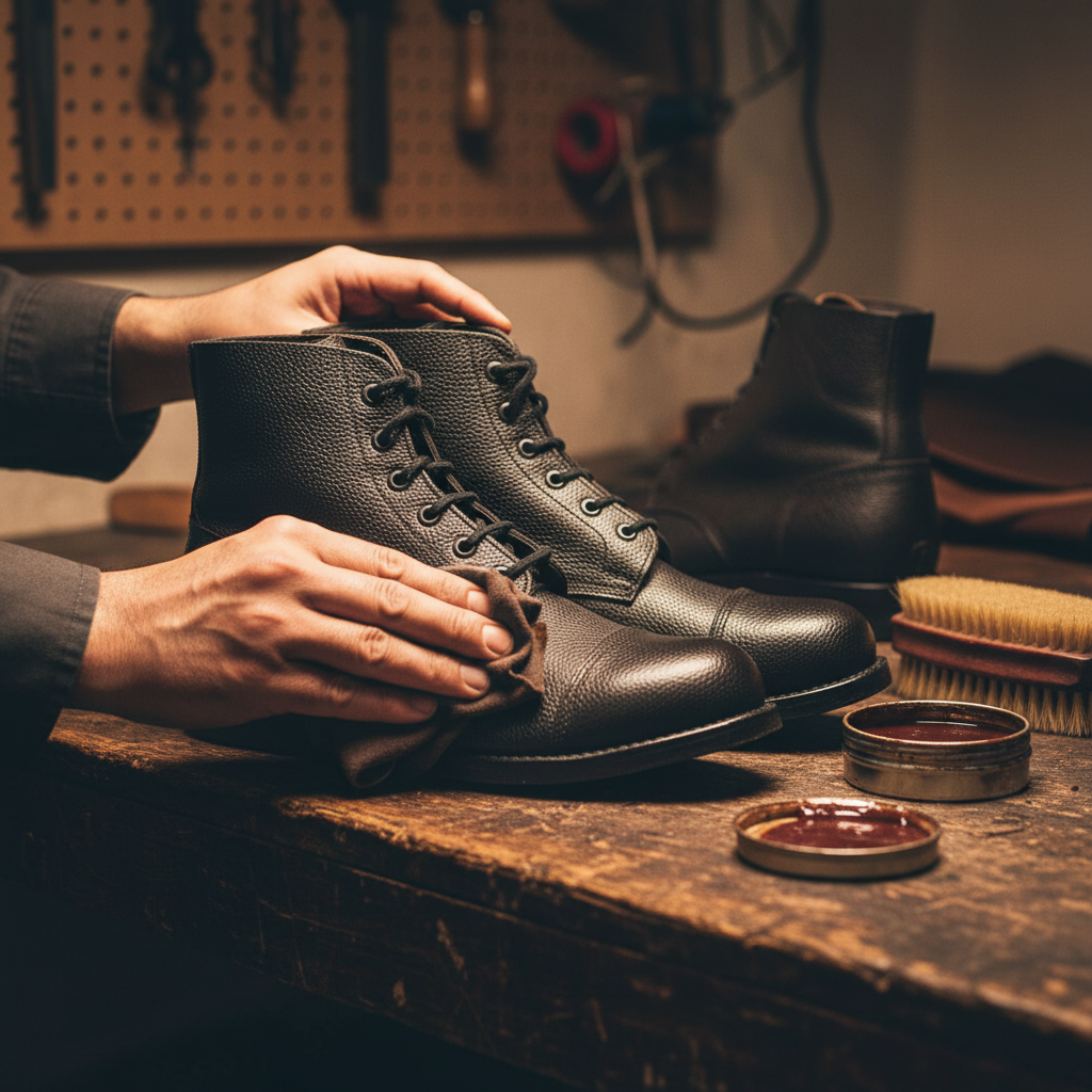 Artisan hand polishing The Kensington Service Boot with premium wax during the final finishing process at Marvel Leather.