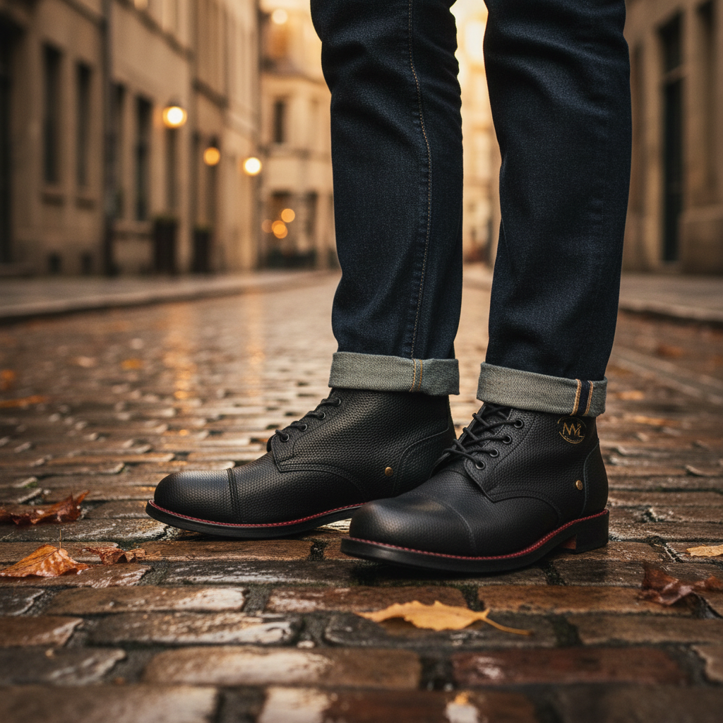 Luxury bespoke Kensington service boots worn outdoors with premium denim jeans in an elite old money setting