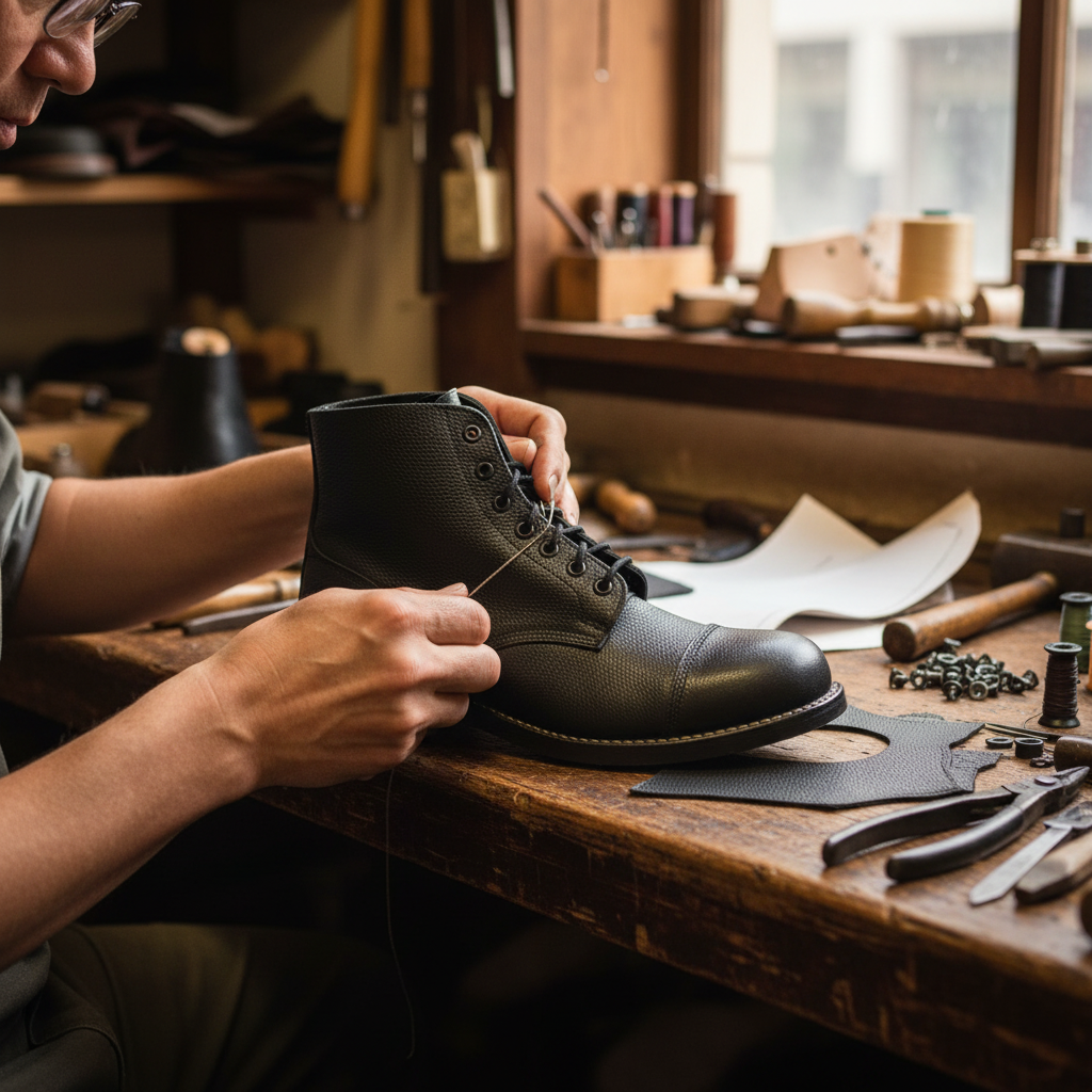 Skilled artisan stitching the upper of The Kensington Service Boot using traditional handcrafted shoemaking techniques at Marvel Leather.