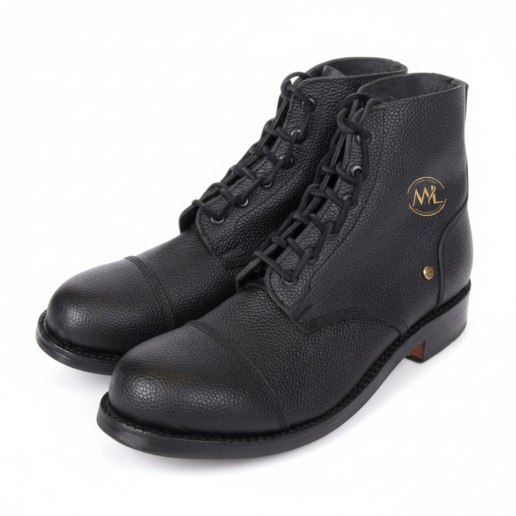 The Kensington Service Boot handcrafted from premium black pebble-grain leather featuring made-to-order luxury craftsmanship by Marvel Leather.