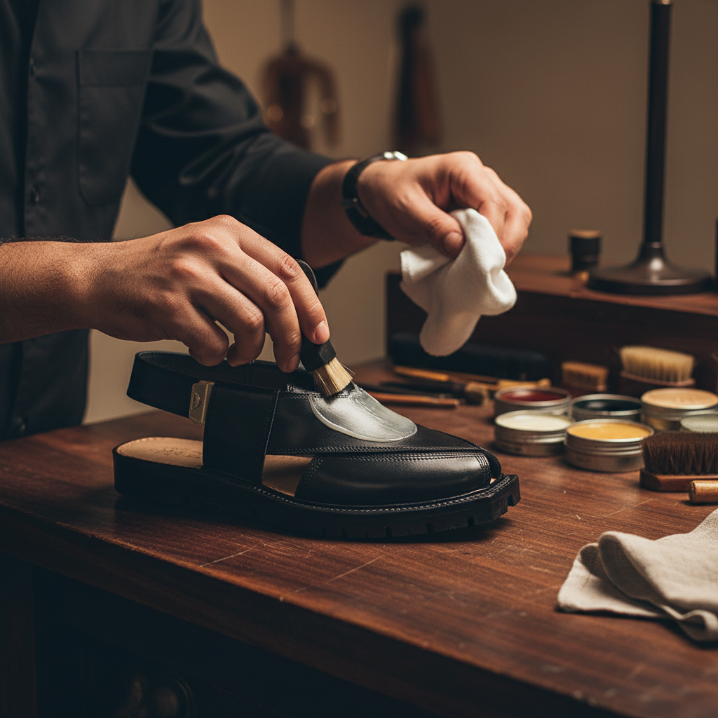 Skilled artisan applying premium wax and hand polishing luxury Khan Peshawari chappal sandals