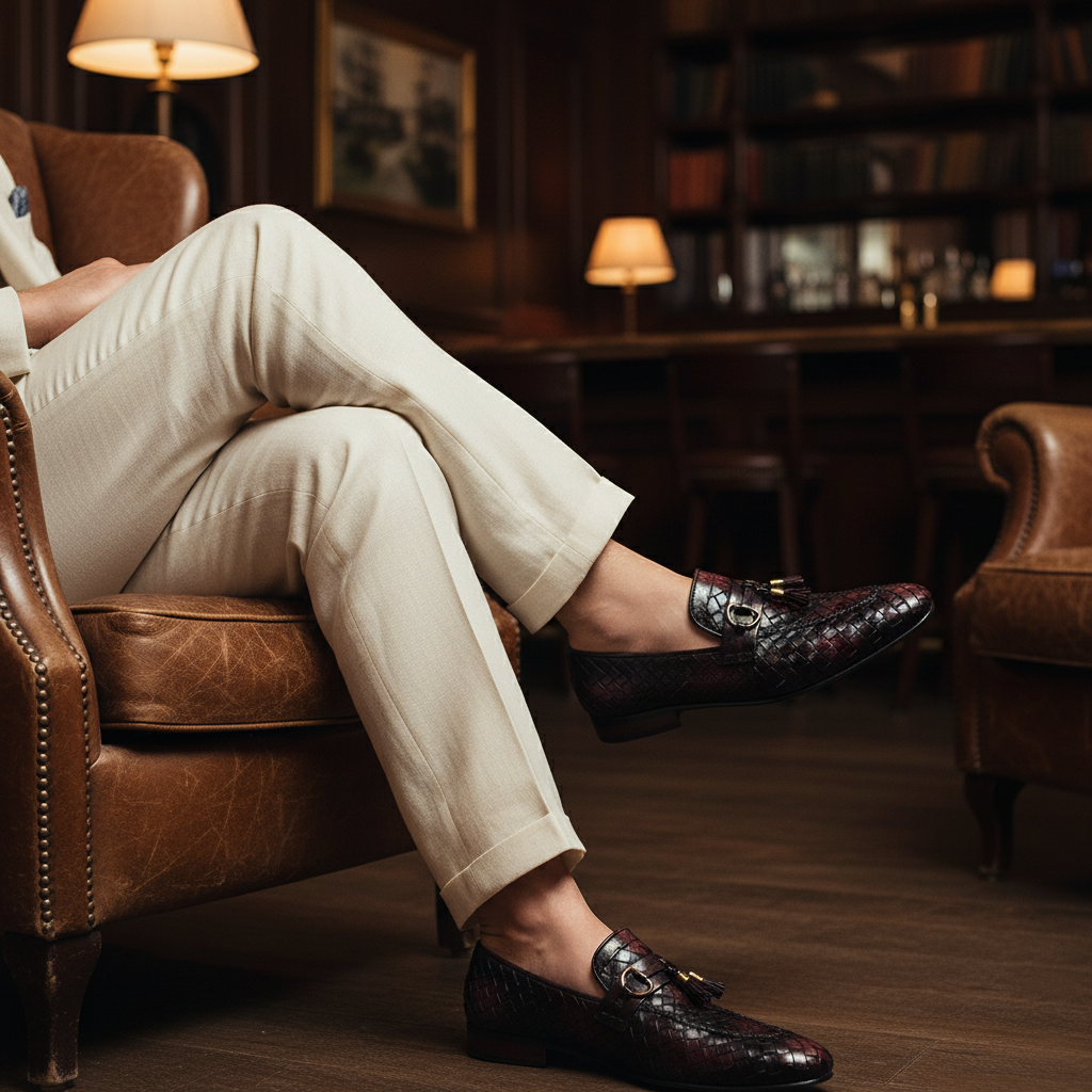 Luxury handmade woven tassel leather loafers styled with tailored trousers in an old money setting