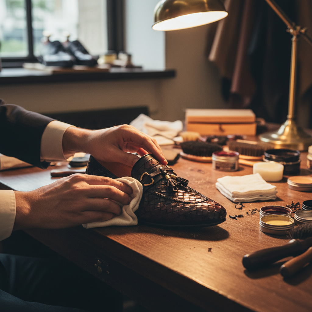 Skilled artisan applying premium wax and hand polishing to luxury woven tassel leather loafers