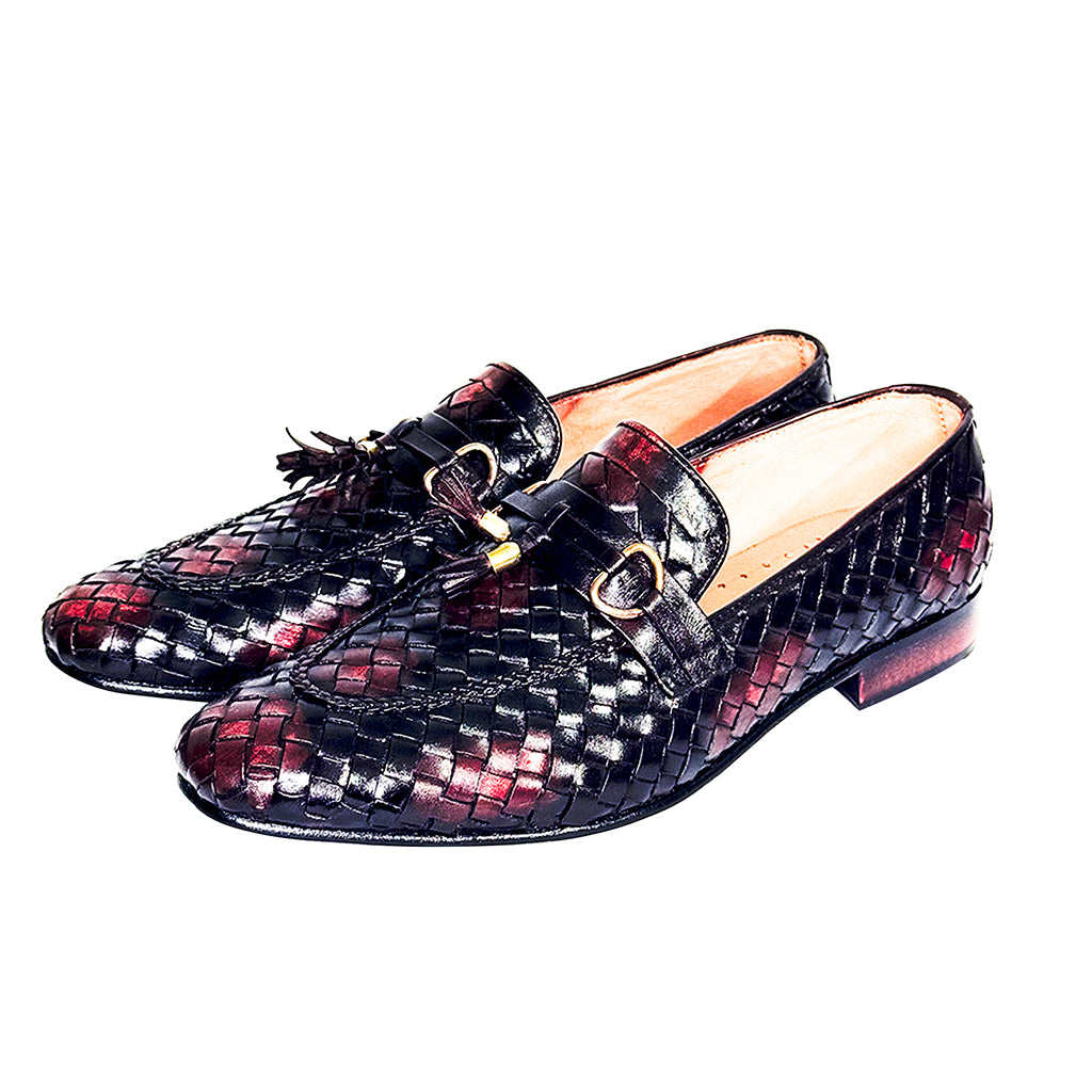 Lazaro black and wine woven leather loafers with tassel and metal detail – Marvel Leather