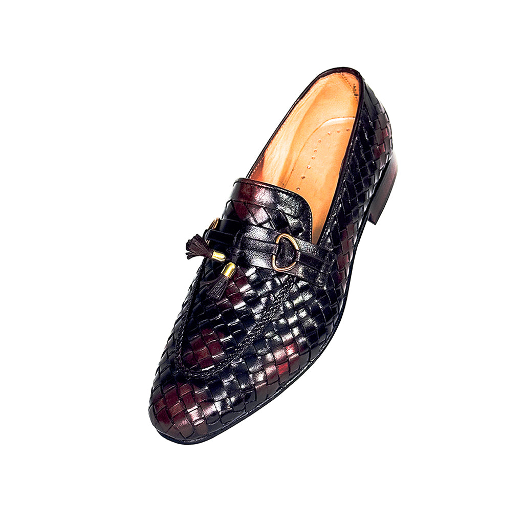 Lazaro handmade woven tassel loafer with gold bit – top view in black wine leather