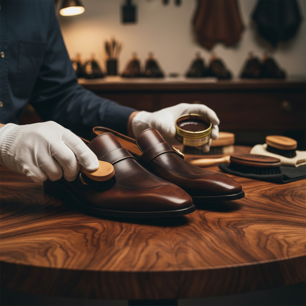 Skilled artisan applying premium polish to luxury single monk leather loafers