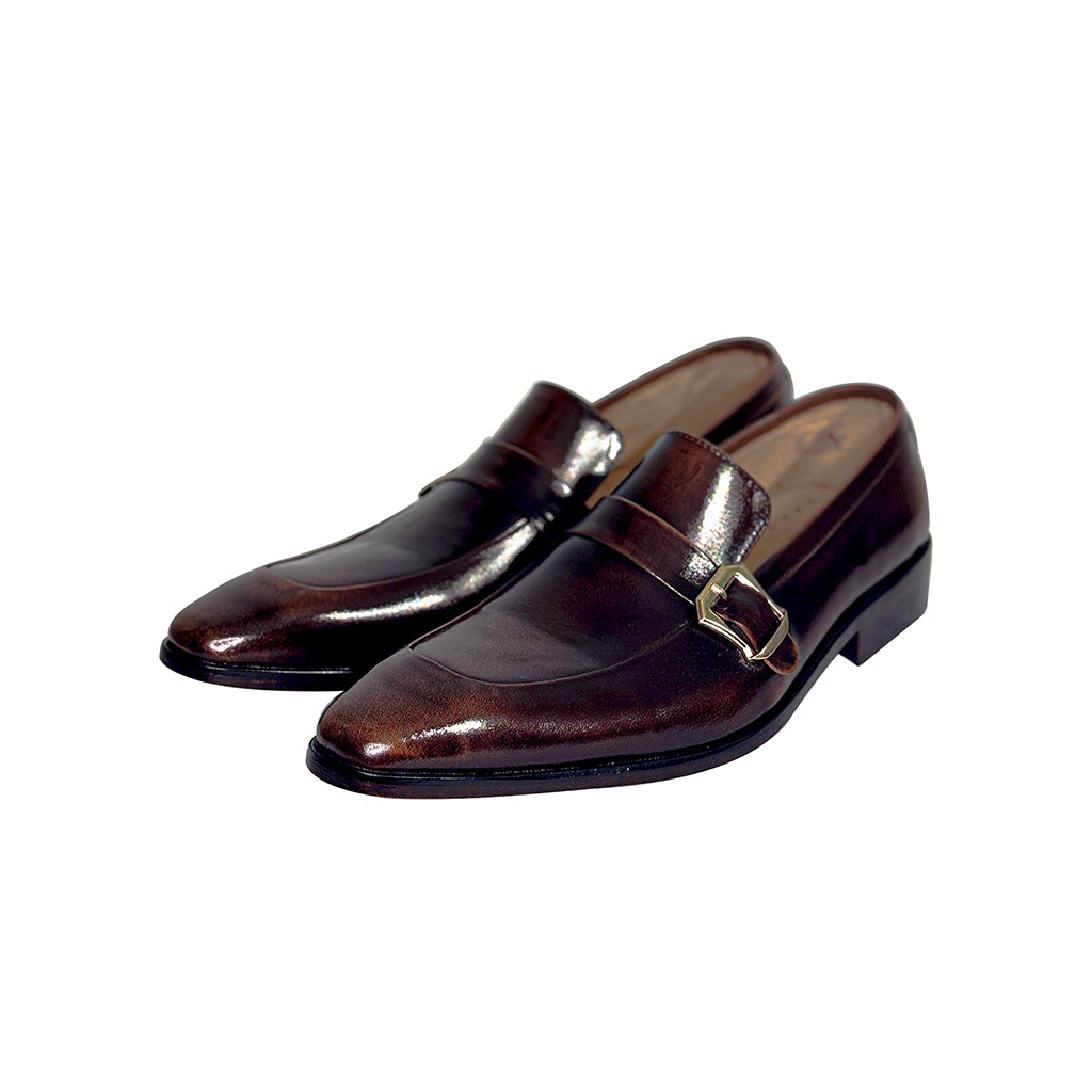 Leandro single monk leather loafers – rich brown handmade buckle shoes by Marvel Leather