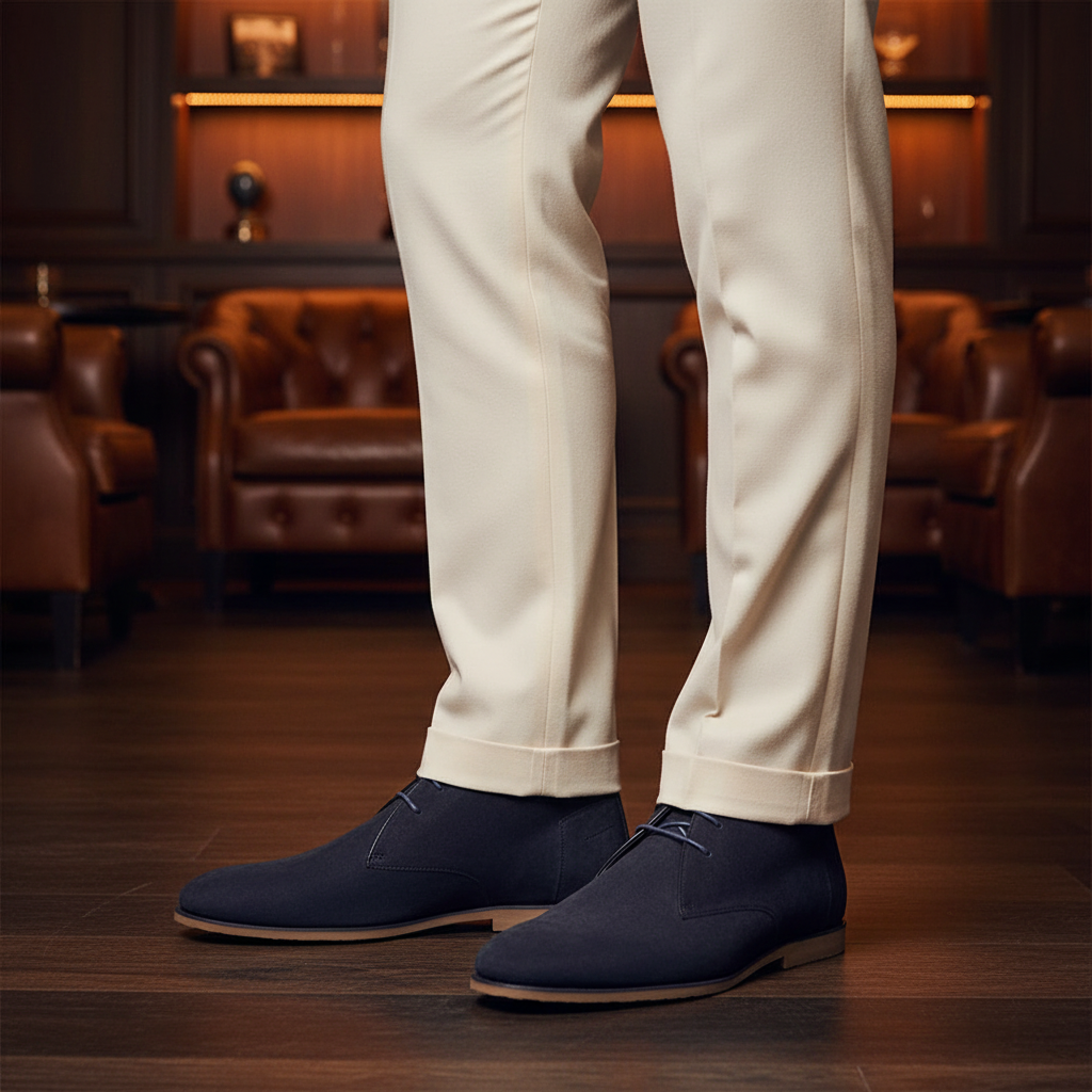 Luxury handmade navy suede desert boots styled with tailored trousers in an elite old money setting