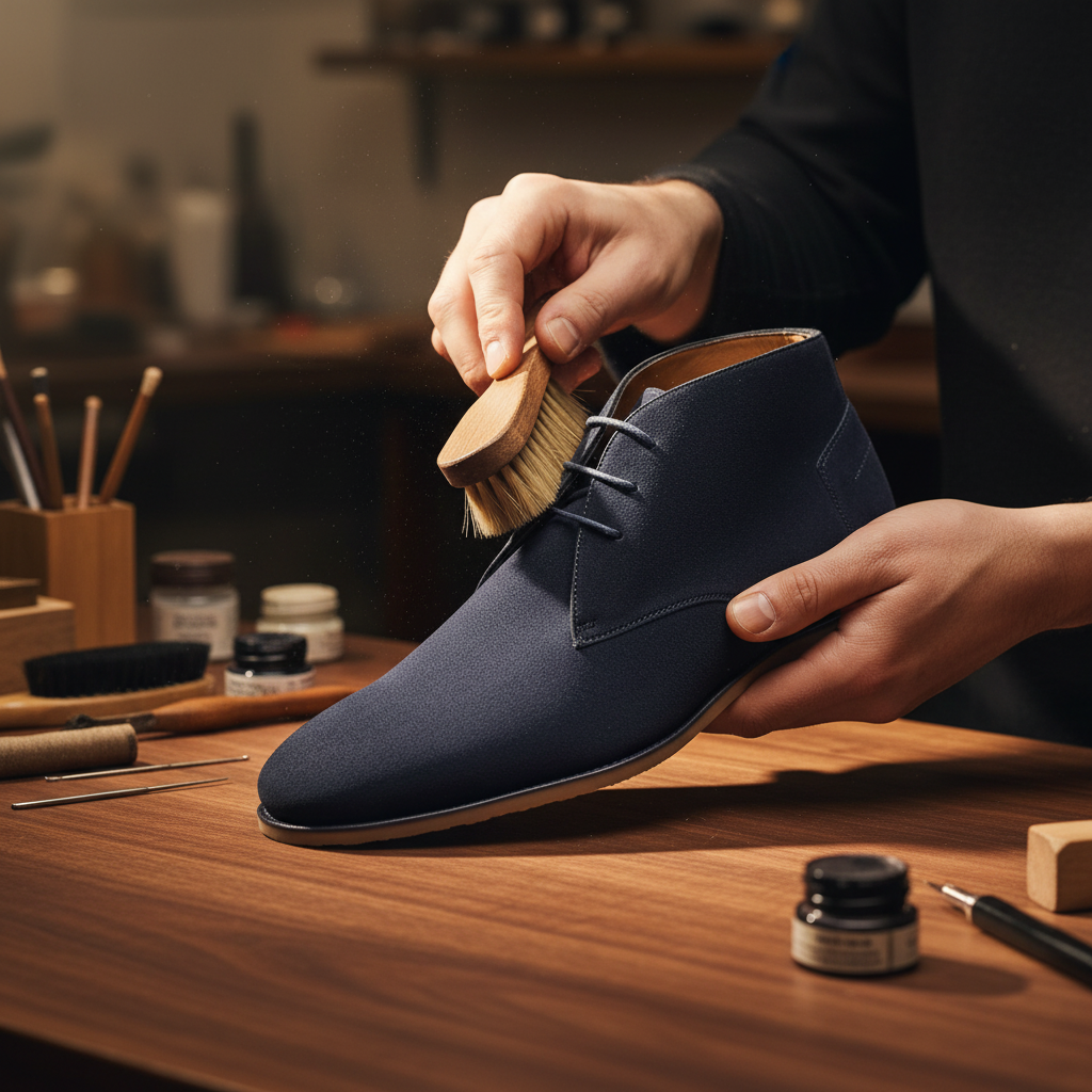 Skilled artisan applying premium finishing treatment to luxury navy suede desert boots