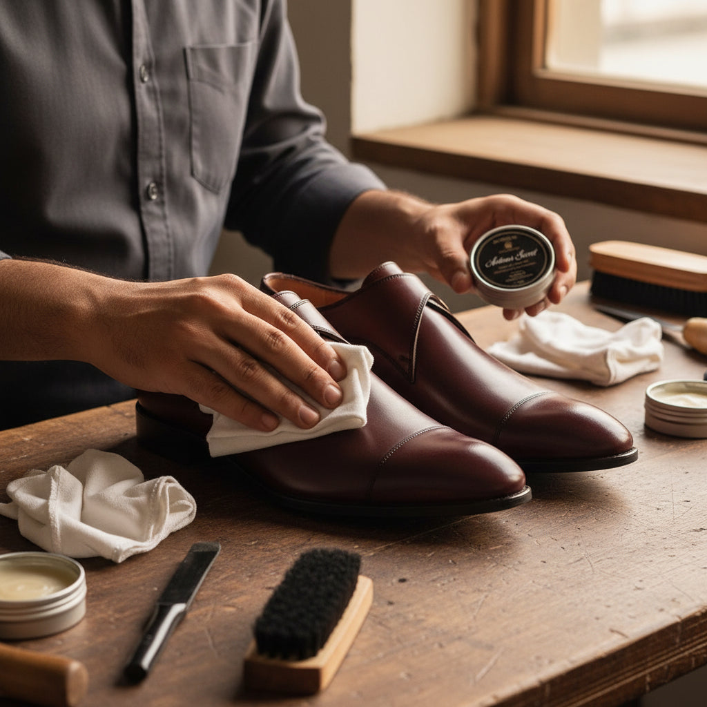 Artisan hand polishing the Leone Single Monk Burgundy Leather Shoes with premium wax during the final finishing process at Marvel Leather.