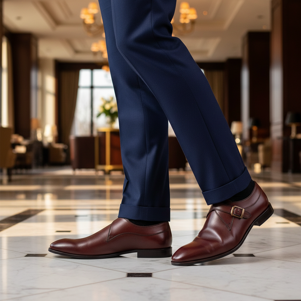 Luxury lifestyle image featuring the Leone Single Monk Burgundy Leather Shoes handcrafted by Marvel Leather and worn in an elegant smart-casual setting.