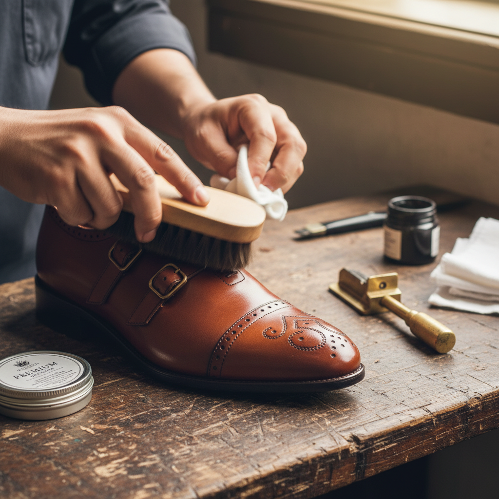 Artisan hand polishing the Leontius Brogue Cap Toe Monk Strap Shoes with premium wax during the final finishing process at Marvel Leather.