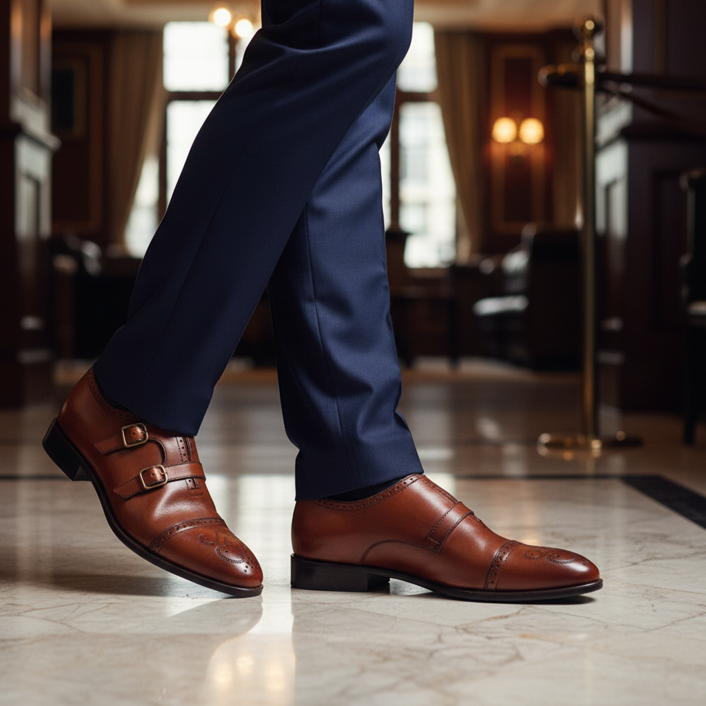Luxury lifestyle image featuring the Leontius Brogue Cap Toe Monk Strap Shoes handcrafted by Marvel Leather and worn in an elegant smart-casual setting.