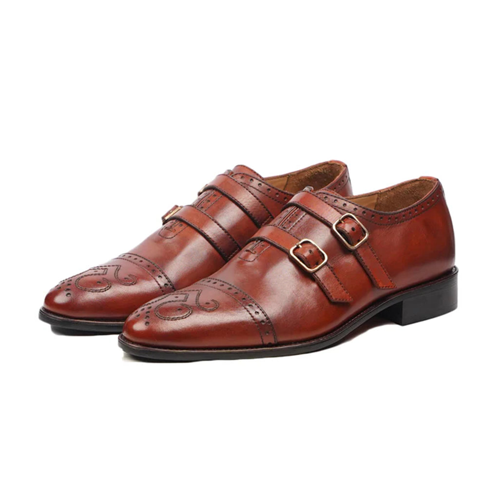 Leontius brogue cap-toe monk strap shoes front view – Marvel Leather handmade men’s footwear