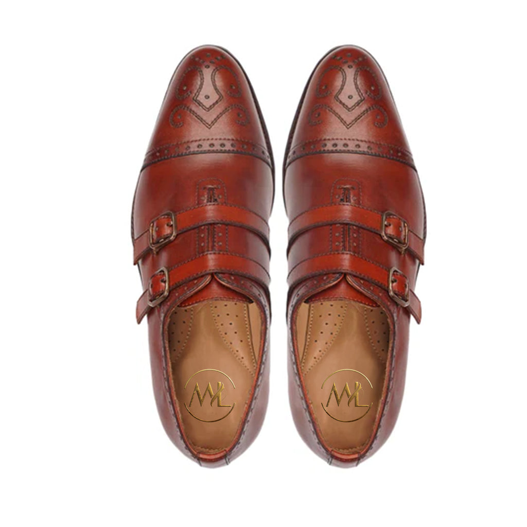 Leontius men’s monk strap shoes top view – brogue pattern and premium leather finish