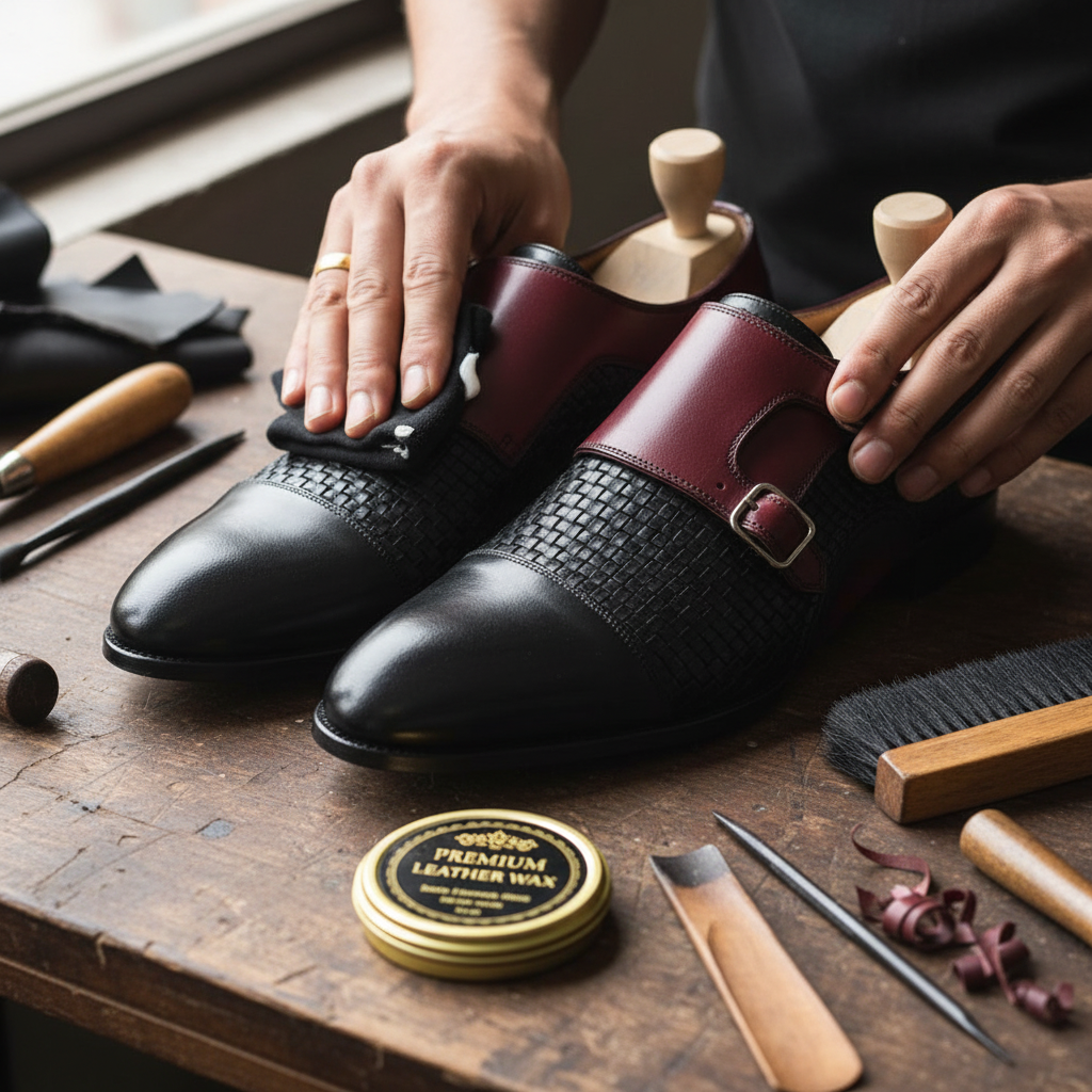 Artisan hand polishing the Leopold Woven Dual Monk Strap Shoes with premium wax during the final finishing process at Marvel Leather.