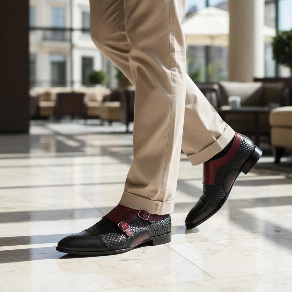 Luxury lifestyle image featuring the Leopold Woven Dual Monk Strap Shoes handcrafted by Marvel Leather and worn in an upscale smart-casual setting.