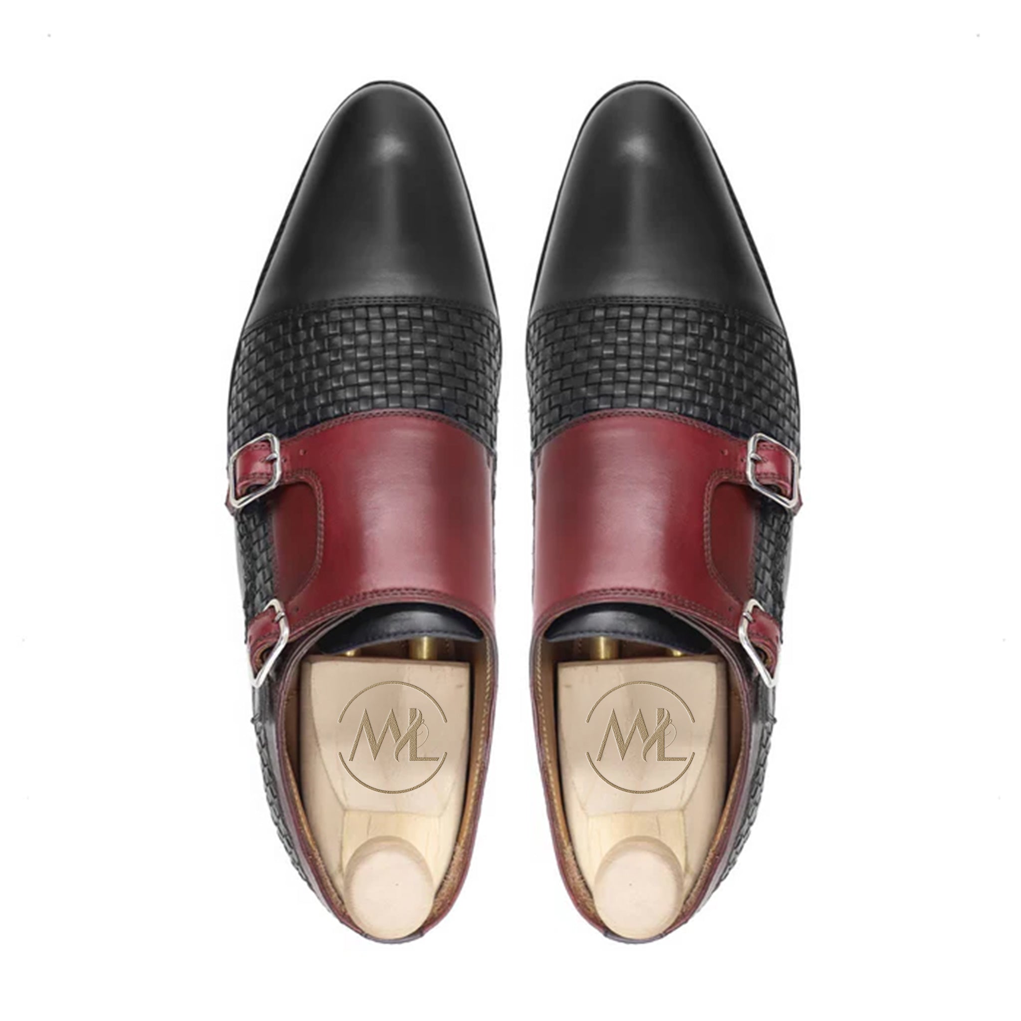 Top View of Leopold Black and Oxblood Leather Monk Strap Shoes – Marvel Leather