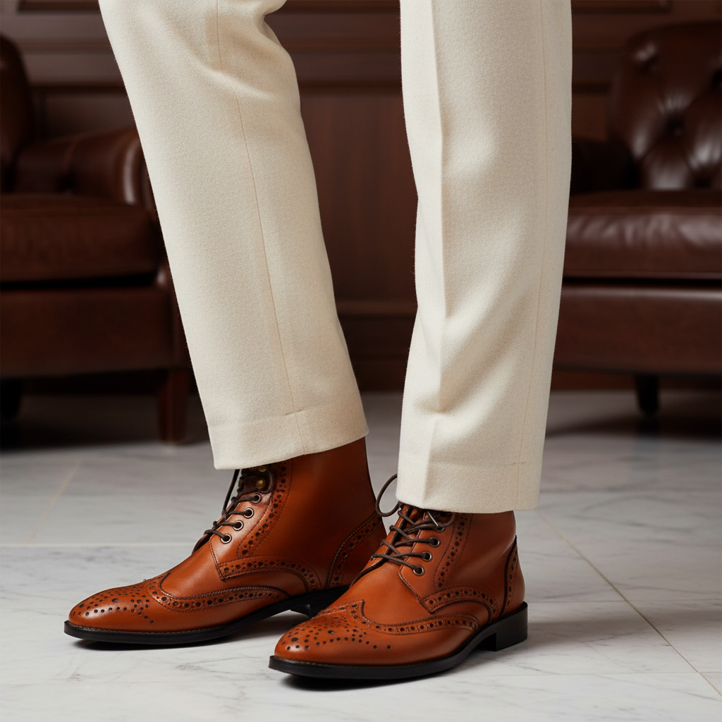 Luxury handmade heritage brogue leather boots styled with tailored trousers in an elite old money setting