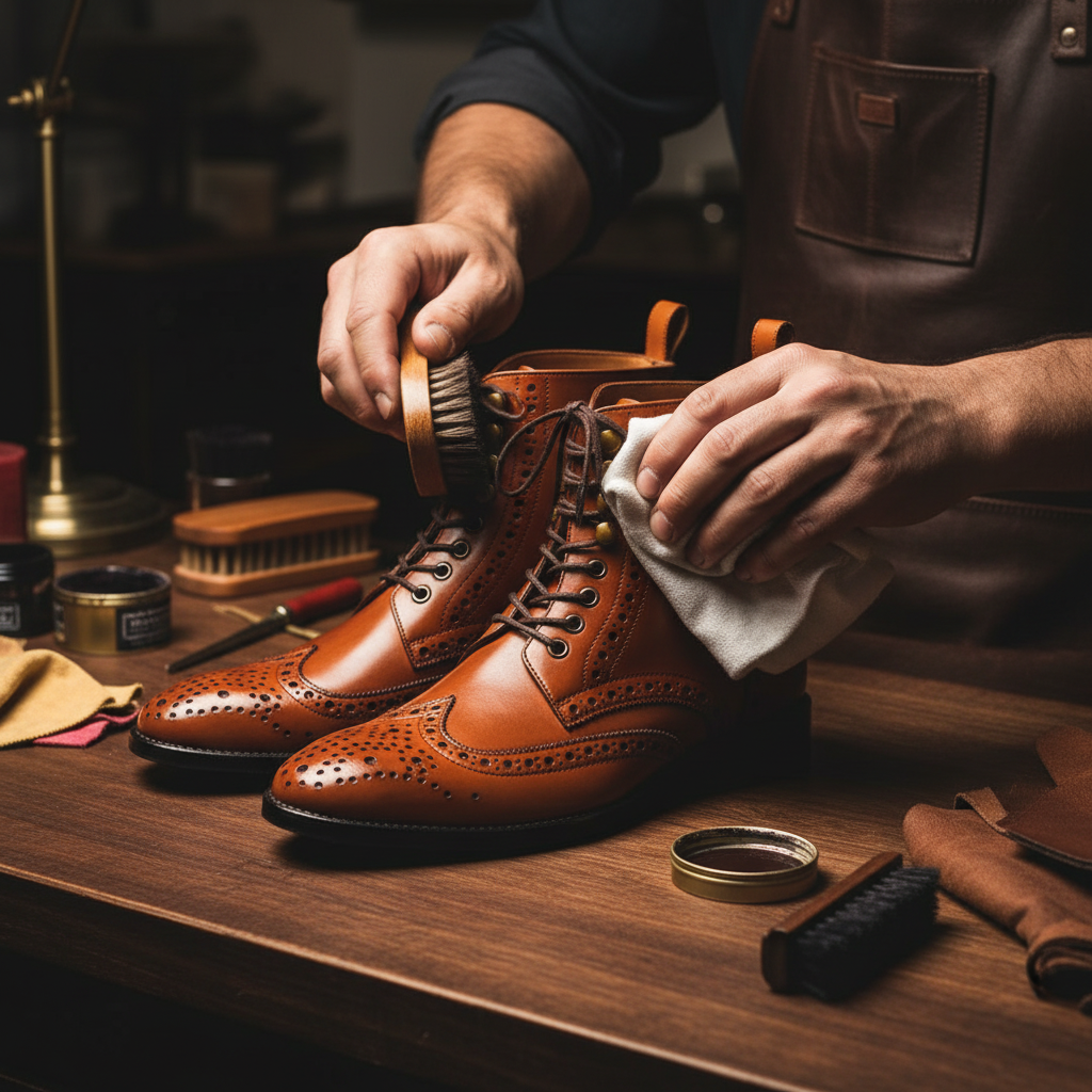 Skilled artisan applying premium wax and hand polishing luxury heritage brogue leather boots