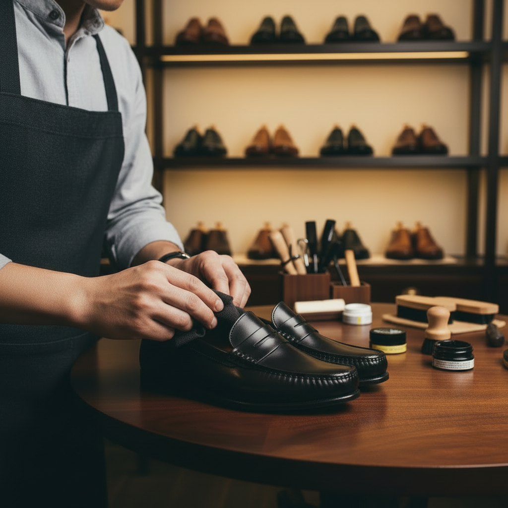 Skilled artisan applying premium polish and hand-finished patina to classic penny moccasin loafers